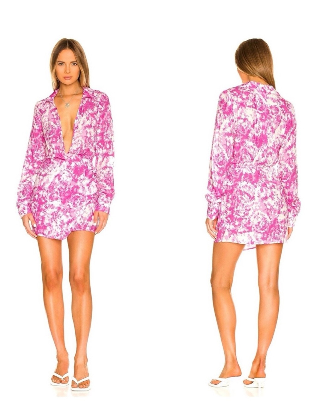 For Love & Lemons Devon Mini Shirt Dress Pink Tie Dye Bamboo Size S Revolve